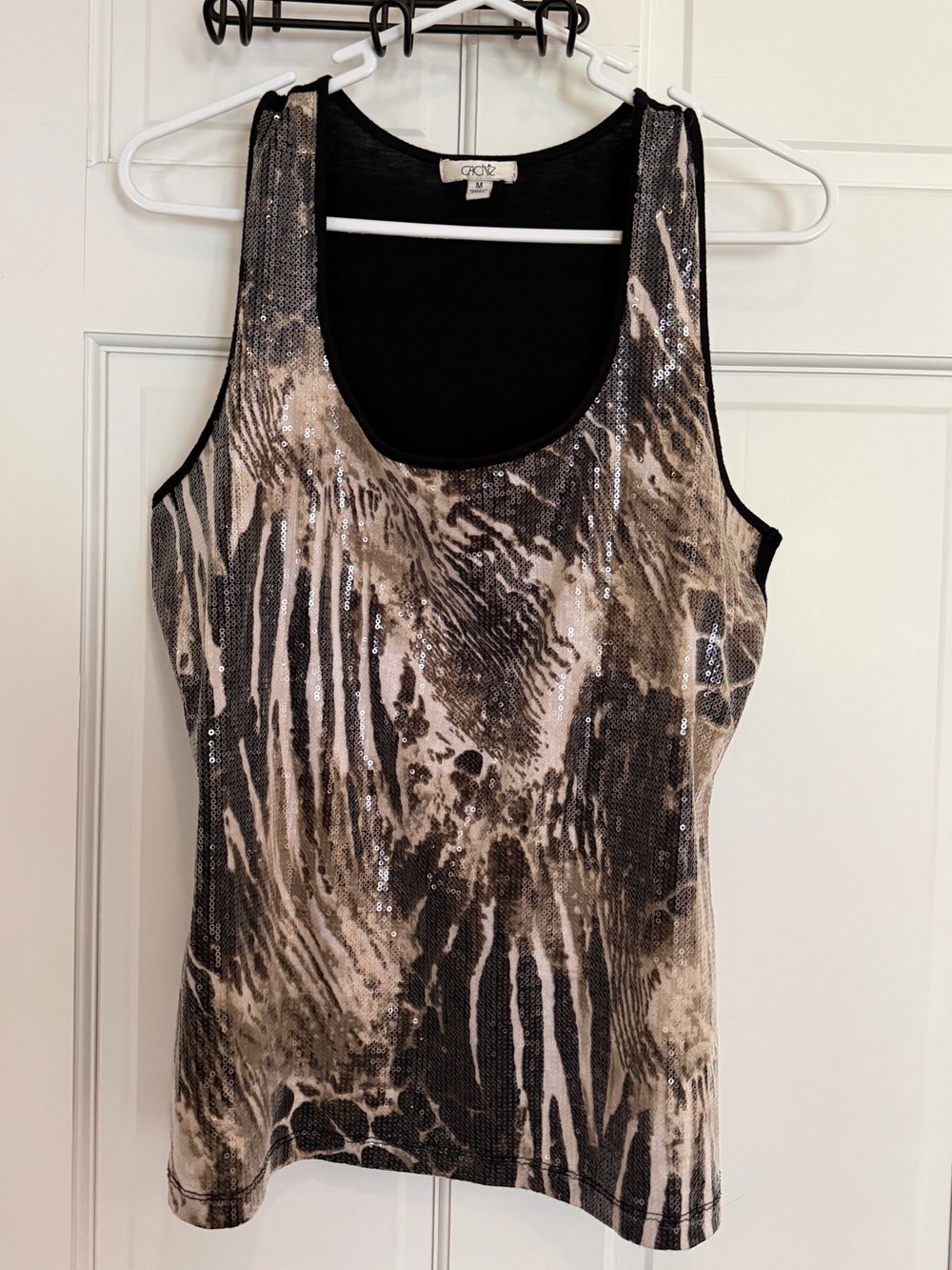 Cache Black & Beige Sequined Animal Print Tank